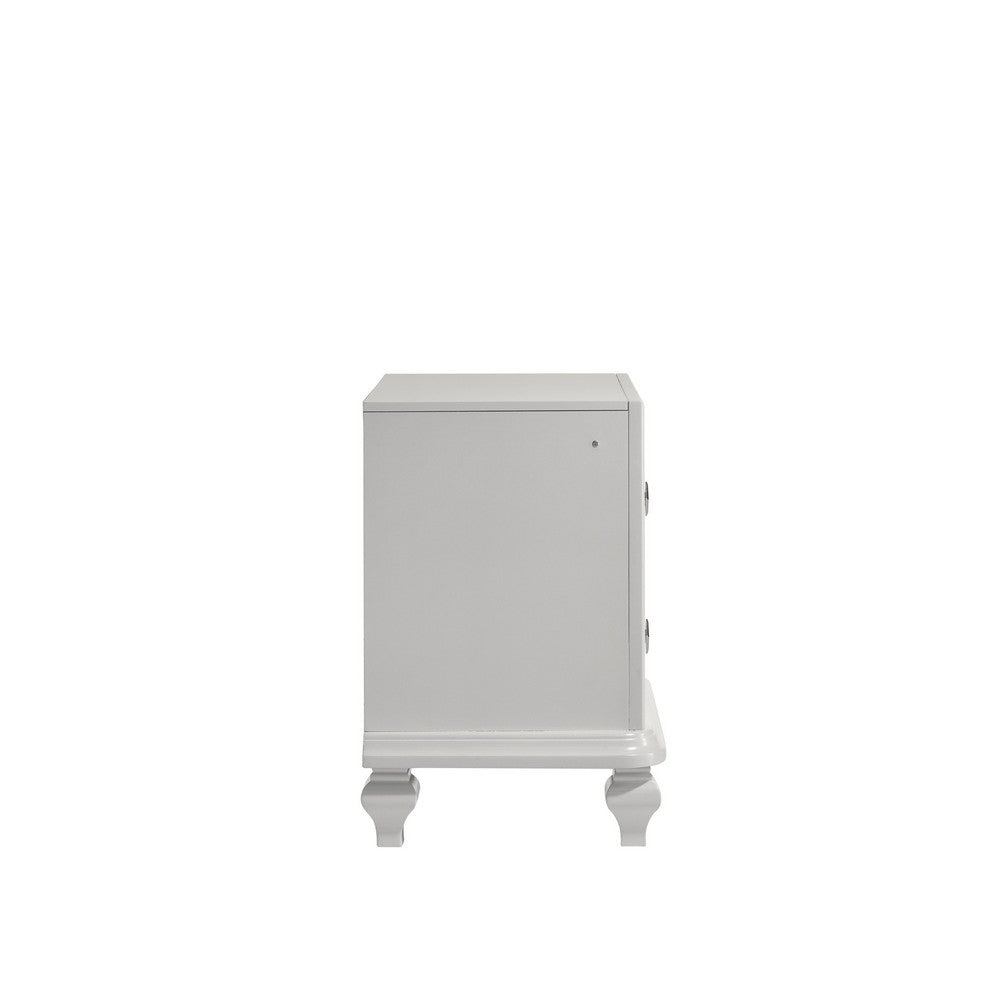 Stacy Nightstand with 2 Drawers and LED Lights, Silver and White Wood