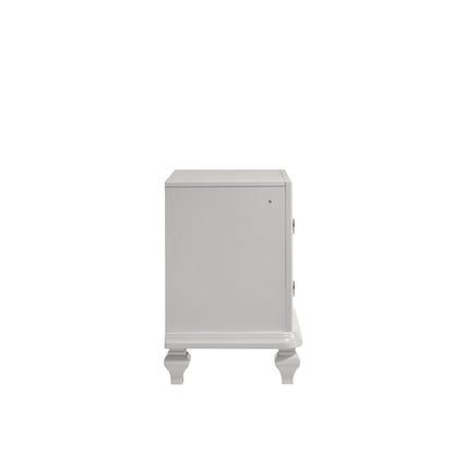 Stacy Nightstand with 2 Drawers and LED Lights, Silver and White Wood
