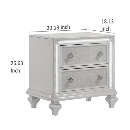 Stacy Nightstand with 2 Drawers and LED Lights, Silver and White Wood