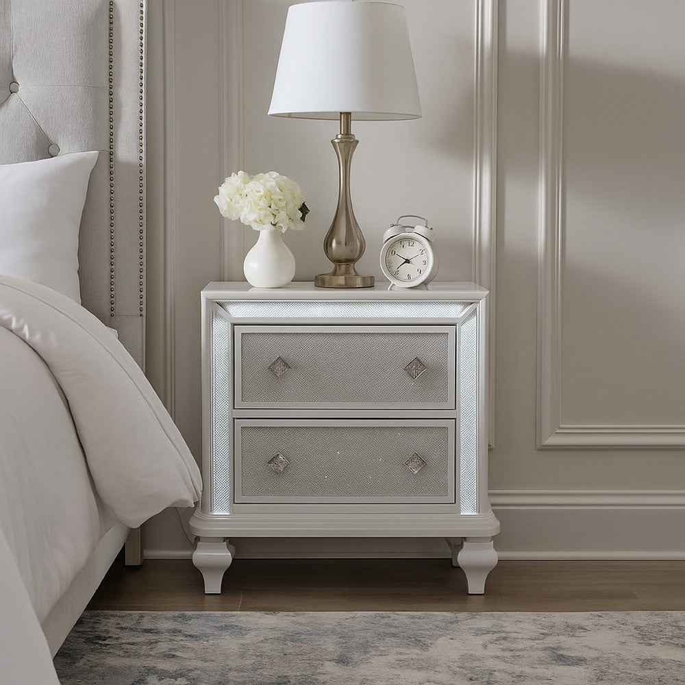 Stacy Nightstand with 2 Drawers and LED Lights, Silver and White Wood