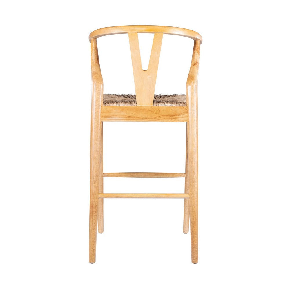 Cera Wishbone Barstool Chair, Handwoven Rope Seat, Natural Brown Wood