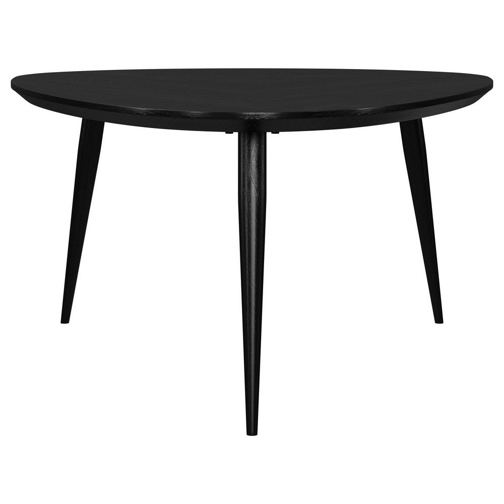 Deso Coffee Table, 39 Inch Triangular Black Mango Wood, Metal Legs