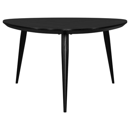 Deso Coffee Table, 39 Inch Triangular Black Mango Wood, Metal Legs