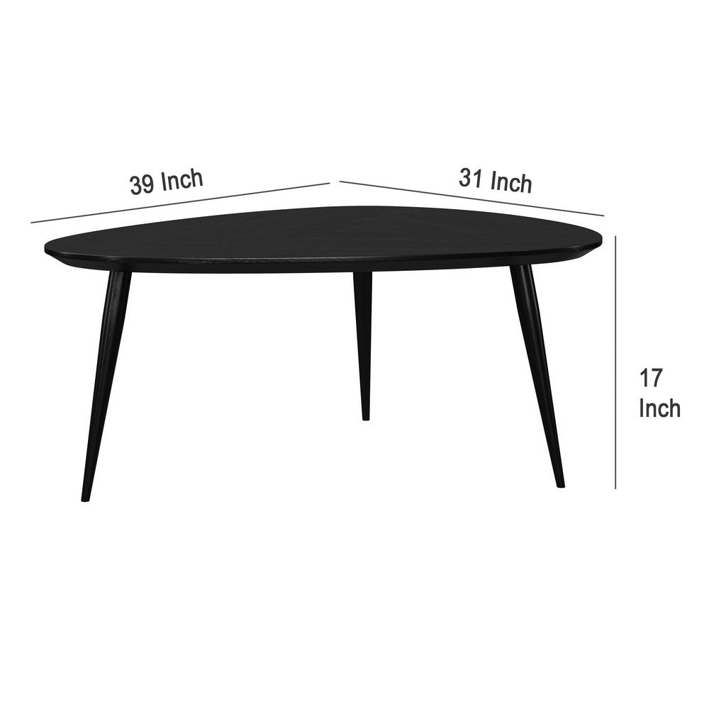 Deso Coffee Table, 39 Inch Triangular Black Mango Wood, Metal Legs