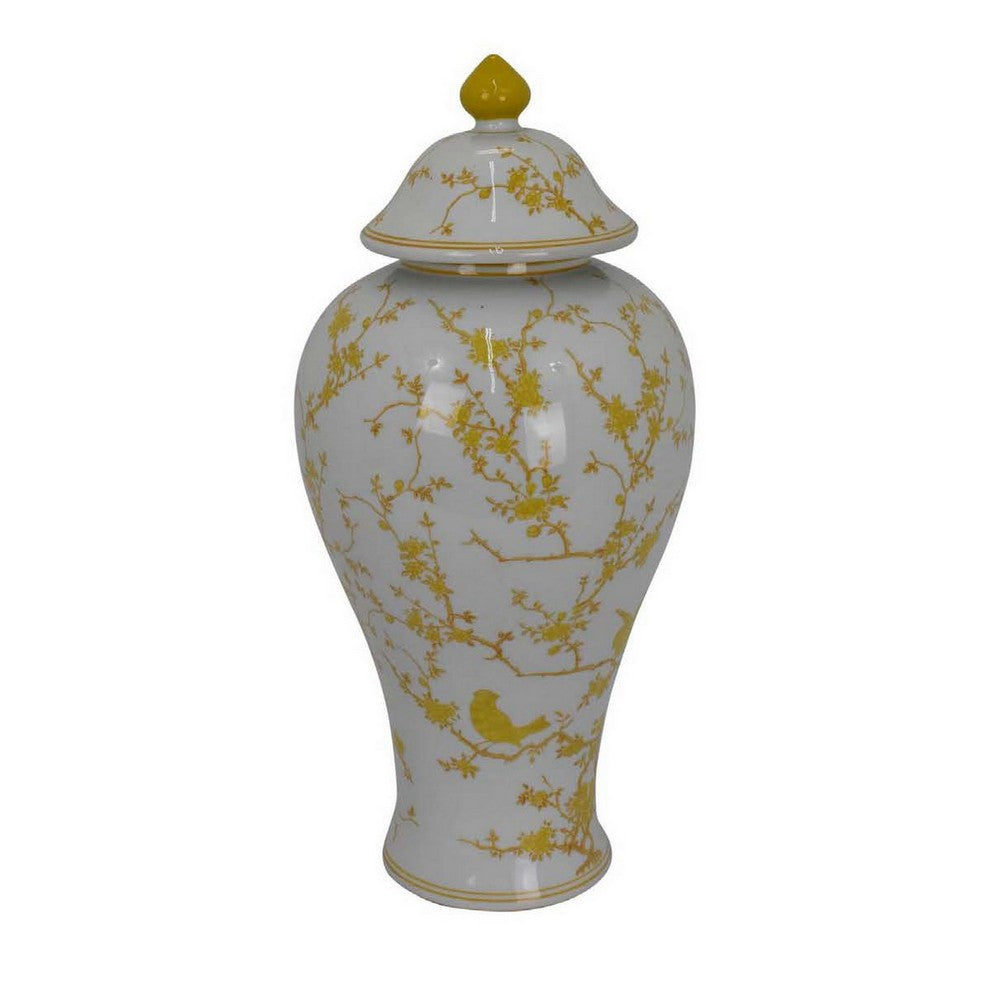 Chris Lidded Accent Jar, Yellow Bird and Floral, White Ceramic 20 Inch