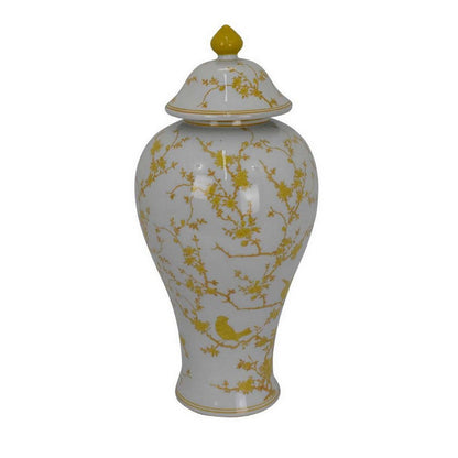 Chris Lidded Accent Jar, Yellow Bird and Floral, White Ceramic 20 Inch