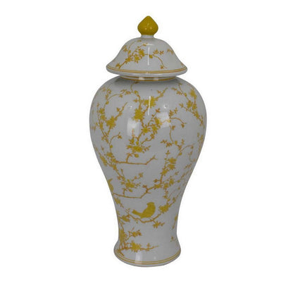 Chris Lidded Accent Jar, Yellow Bird and Floral, White Ceramic 20 Inch