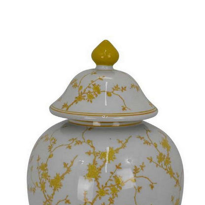 Chris Lidded Accent Jar, Yellow Bird and Floral, White Ceramic 20 Inch