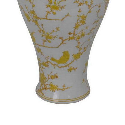 Chris Lidded Accent Jar, Yellow Bird and Floral, White Ceramic 20 Inch