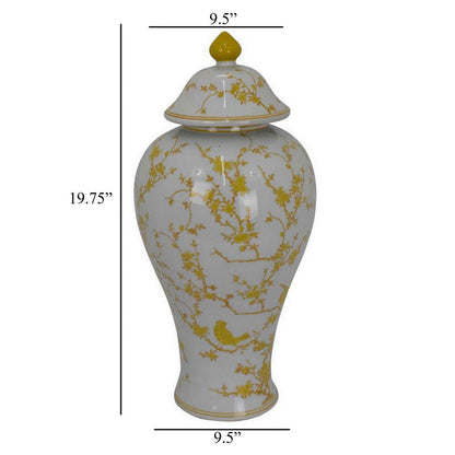 Chris Lidded Accent Jar, Yellow Bird and Floral, White Ceramic 20 Inch
