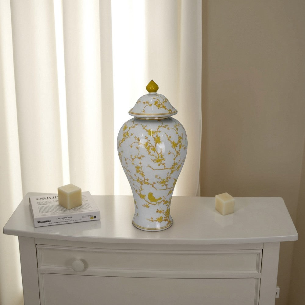 Chris Lidded Accent Jar, Yellow Bird and Floral, White Ceramic 20 Inch
