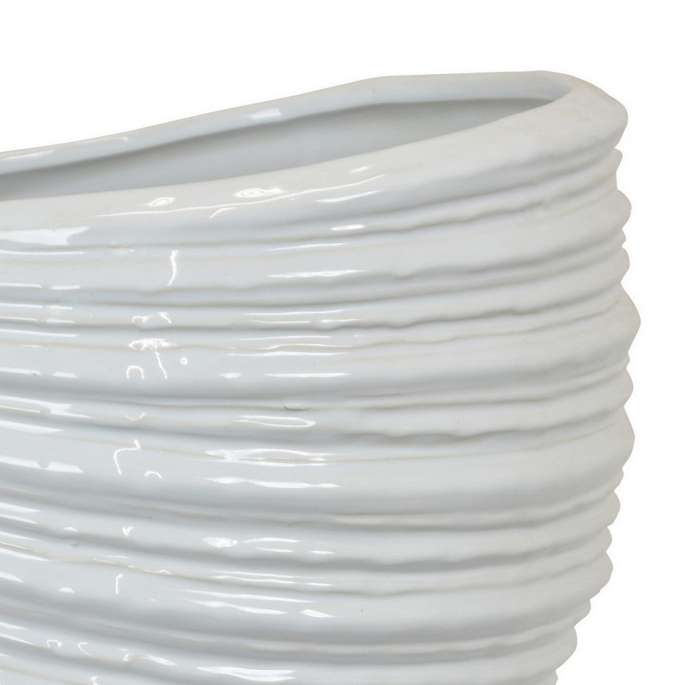 Avery Round Modern Vase, Spiral Turned Design, White Ceramic 17 Inch
