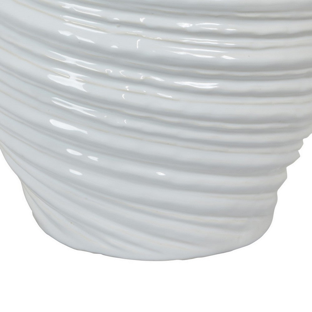 Avery Round Modern Vase, Spiral Turned Design, White Ceramic 17 Inch