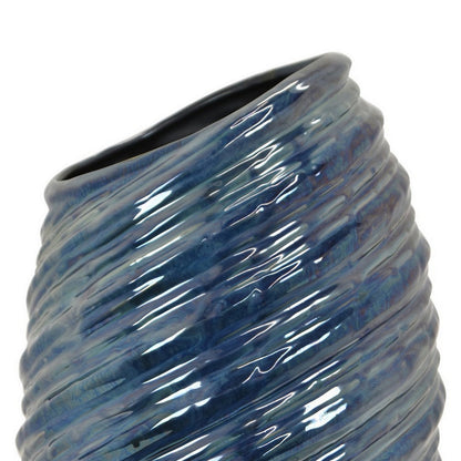 Avery Tall Modern Vase with Angled Spiral Design, Blue Ceramic 17 Inch
