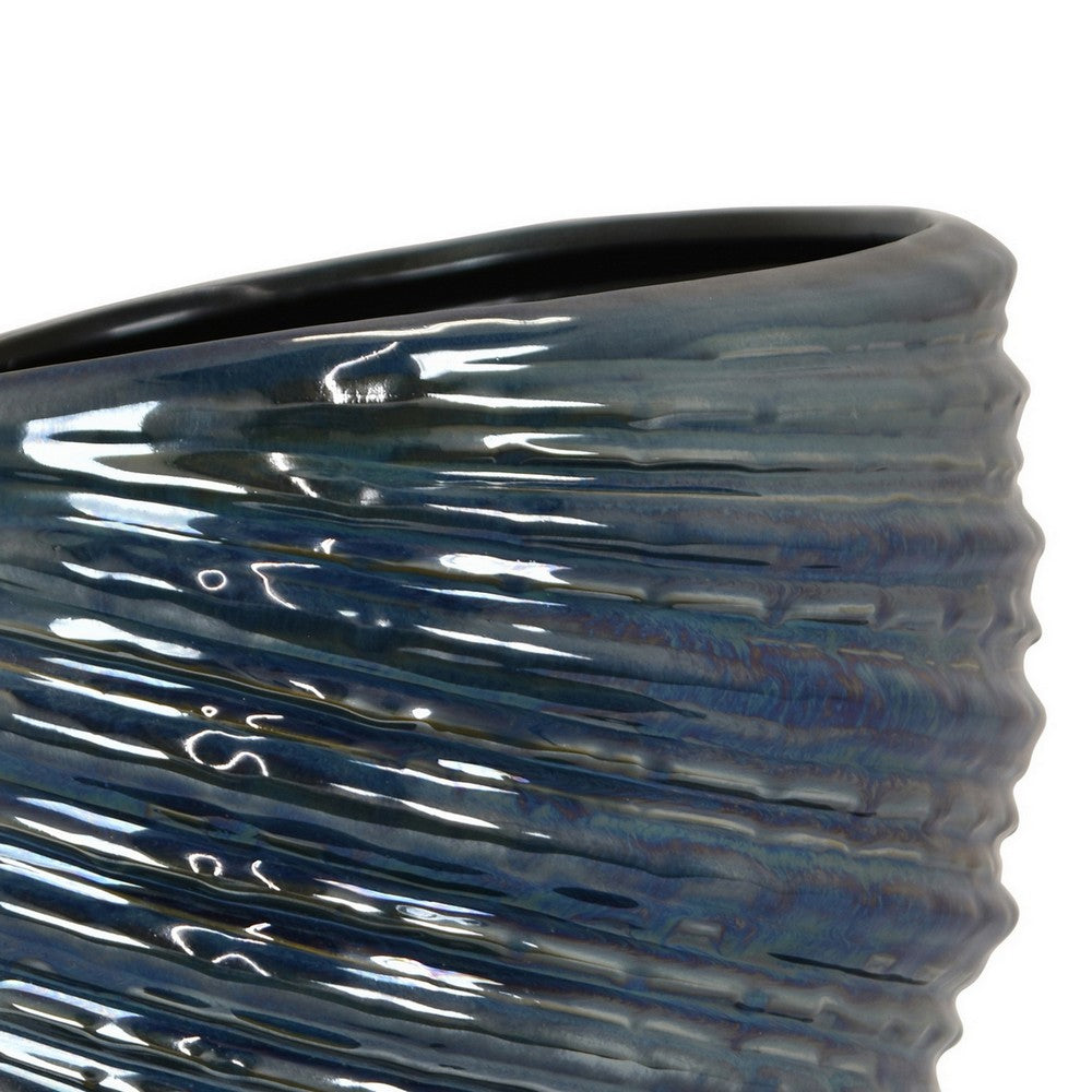 Avery Round Modern Vase, Spiral Turned Design, Blue Ceramic 17 Inch