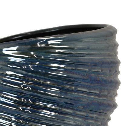 Avery Round Modern Vase, Spiral Turned Design, Blue Ceramic 17 Inch