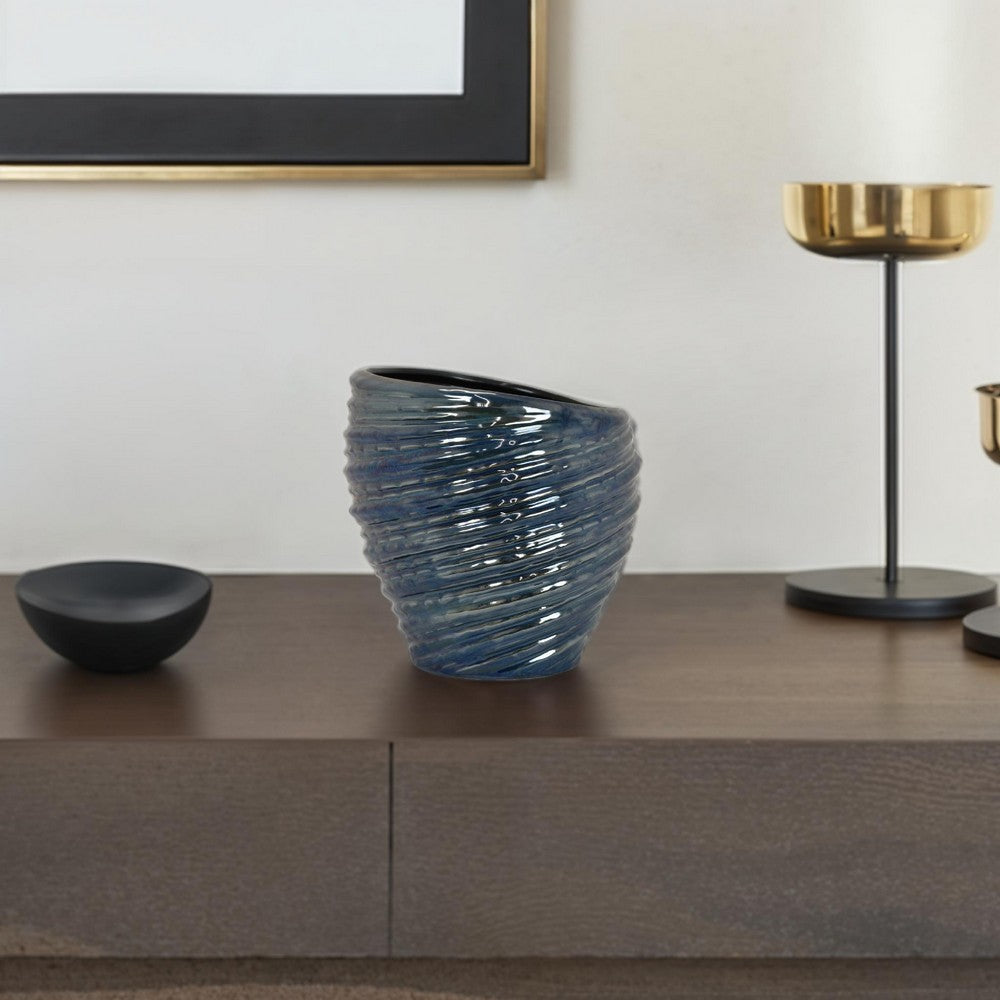 Avery Round Modern Vase, Spiral Turned Design, Blue Ceramic 17 Inch