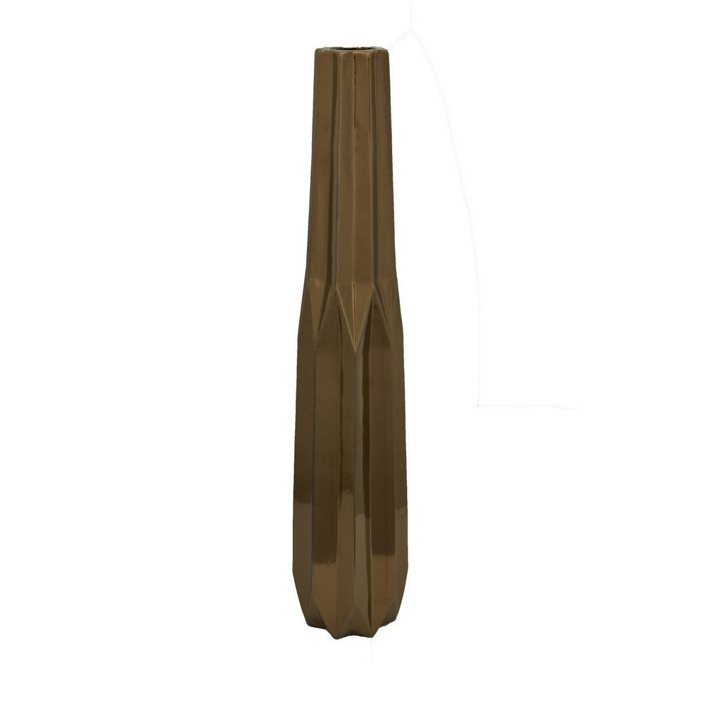 Tasha 32 Inch Vase with Geometric Design, Slim Profile Shiny Ceramic, Deep Bronze