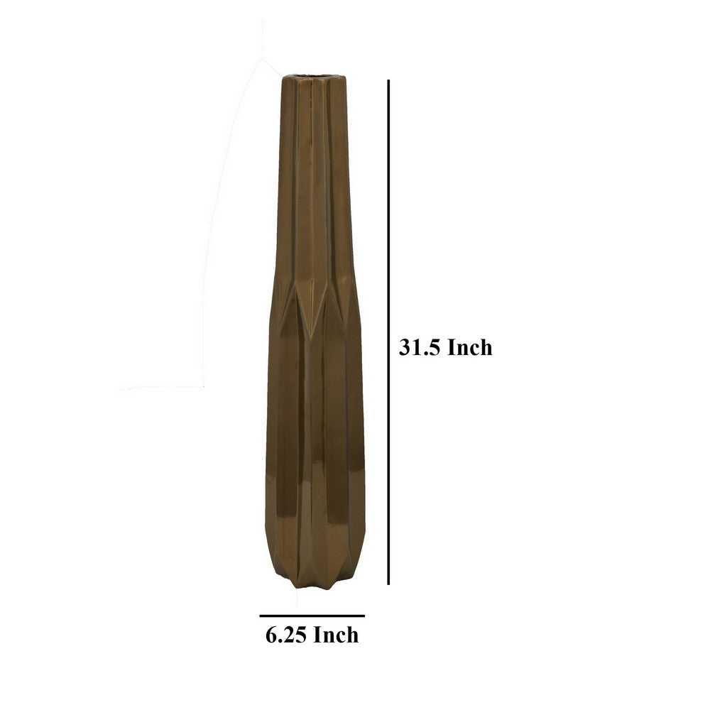 Tasha 32 Inch Vase with Geometric Design, Slim Profile Shiny Ceramic, Deep Bronze