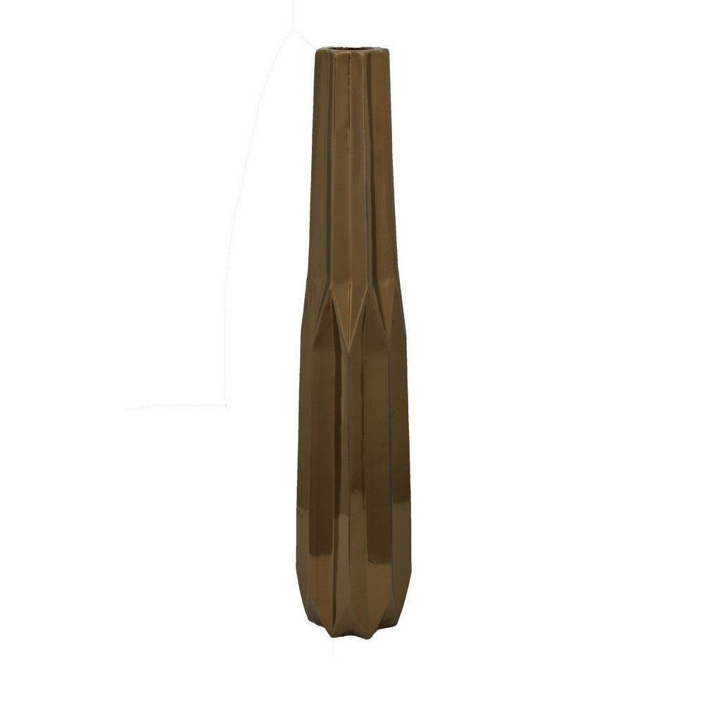 Tasha 32 Inch Vase with Geometric Design, Slim Profile Shiny Ceramic, Deep Bronze