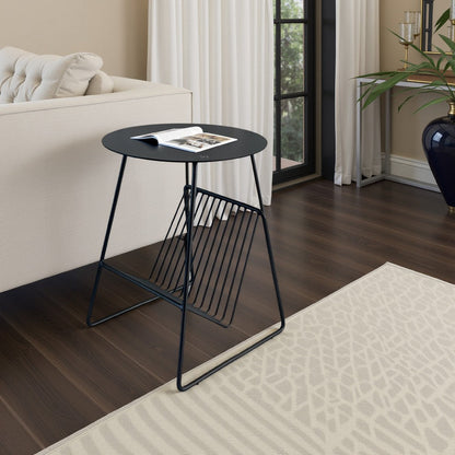 Zeo Side End Table w Magazine Rack, 14 Inch Round Top, Black Metal