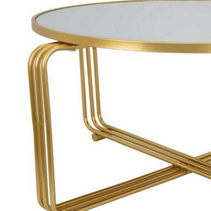 Plant Stand Coffee Table, 37 Inch Round Mirror Top, Modern Gold Metal