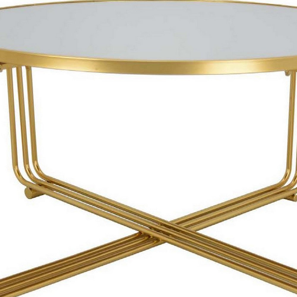 Plant Stand Coffee Table, 37 Inch Round Mirror Top, Modern Gold Metal