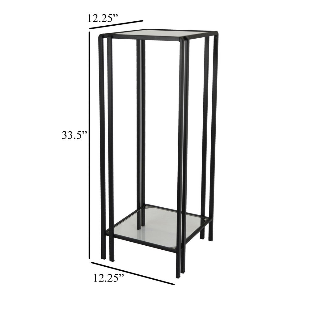 Buckley Plant Stand Table, Black Metal, Square Mirrored Top, 34 Inch