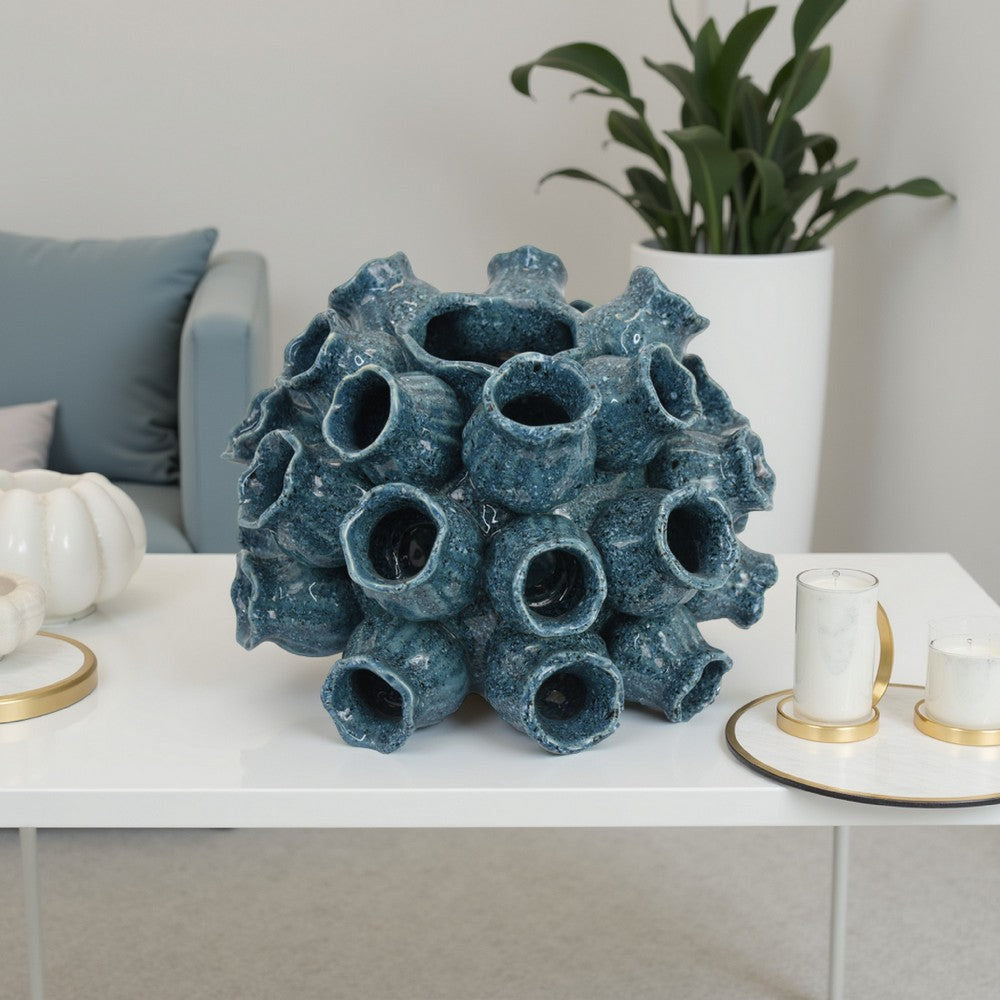 Coral Accent Vase, Dark Blue Ceramic Finish, Coastal Design, 11 Inch