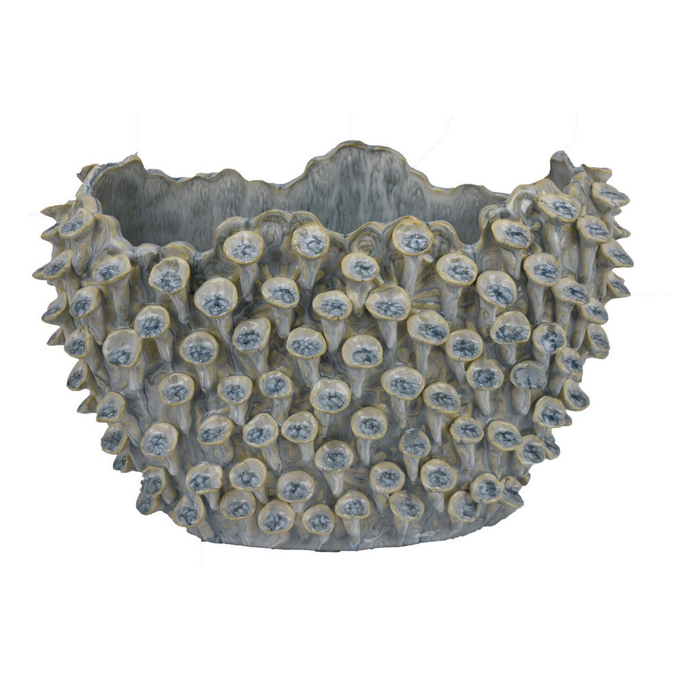 Nina Decorative Bowl, Light Blue, Coral Textured Gray Ceramic, 14 Inch
