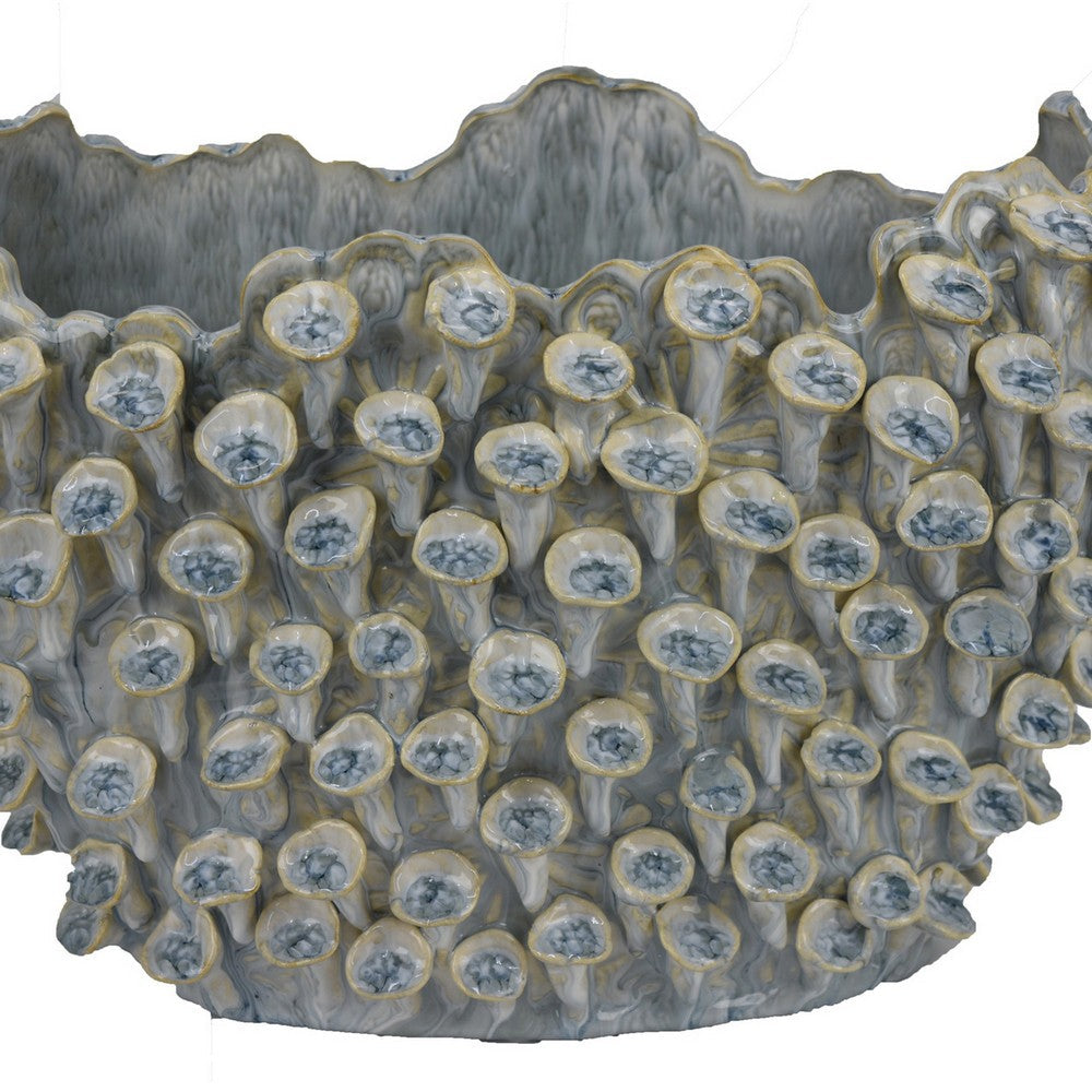 Nina Decorative Bowl, Light Blue, Coral Textured Gray Ceramic, 14 Inch