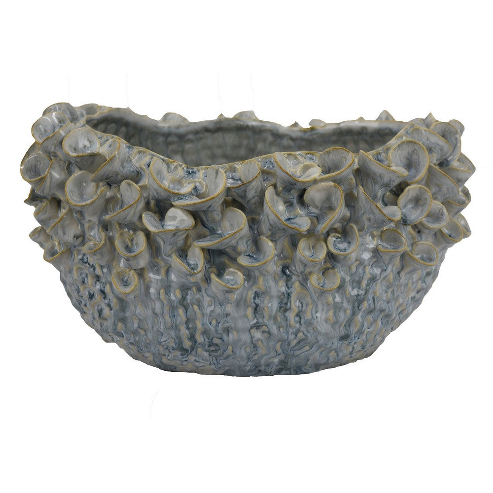 Nina Decorative Bowl, Light Blue, Textured Floral Gray Ceramic 13 Inch
