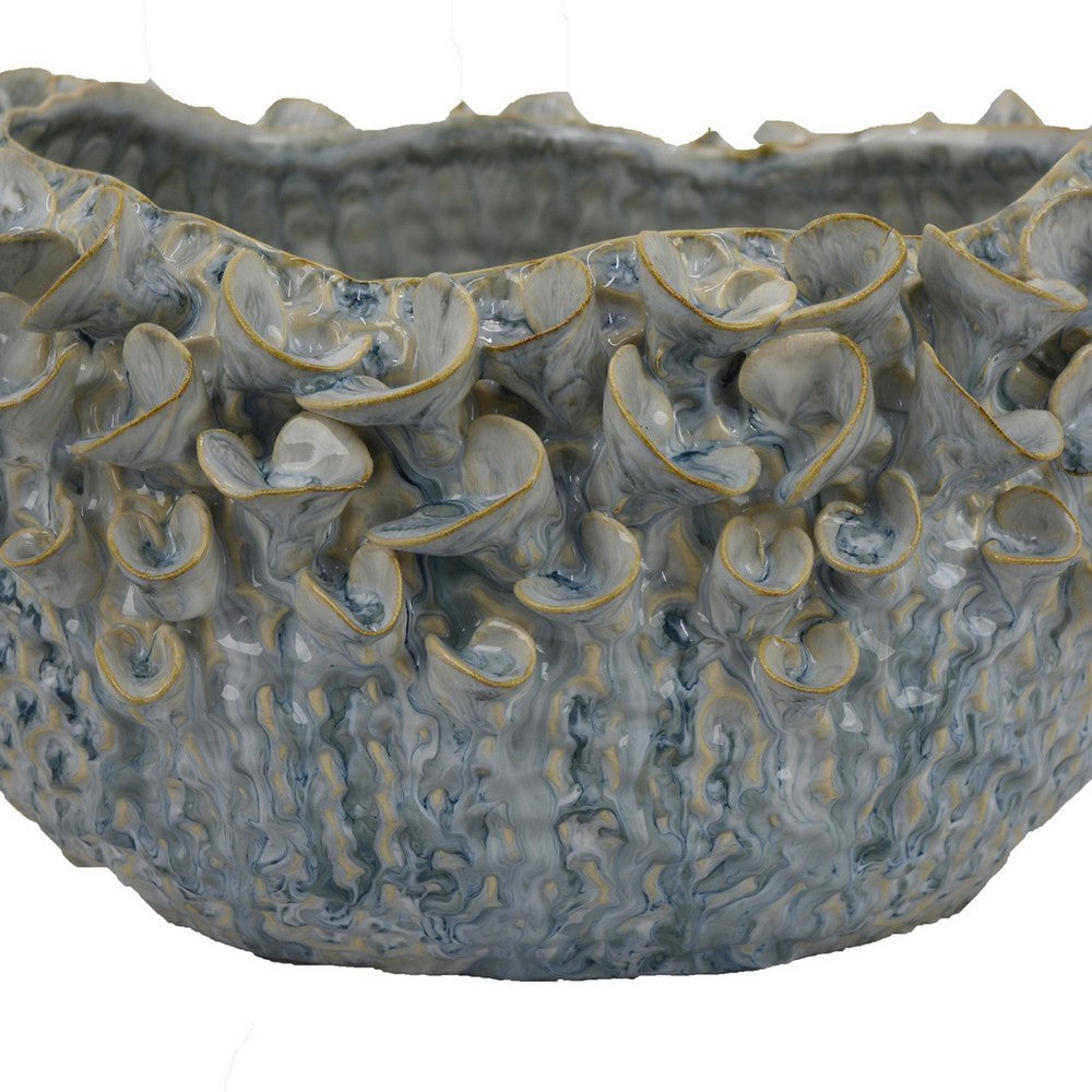 Nina Decorative Bowl, Light Blue, Textured Floral Gray Ceramic 13 Inch
