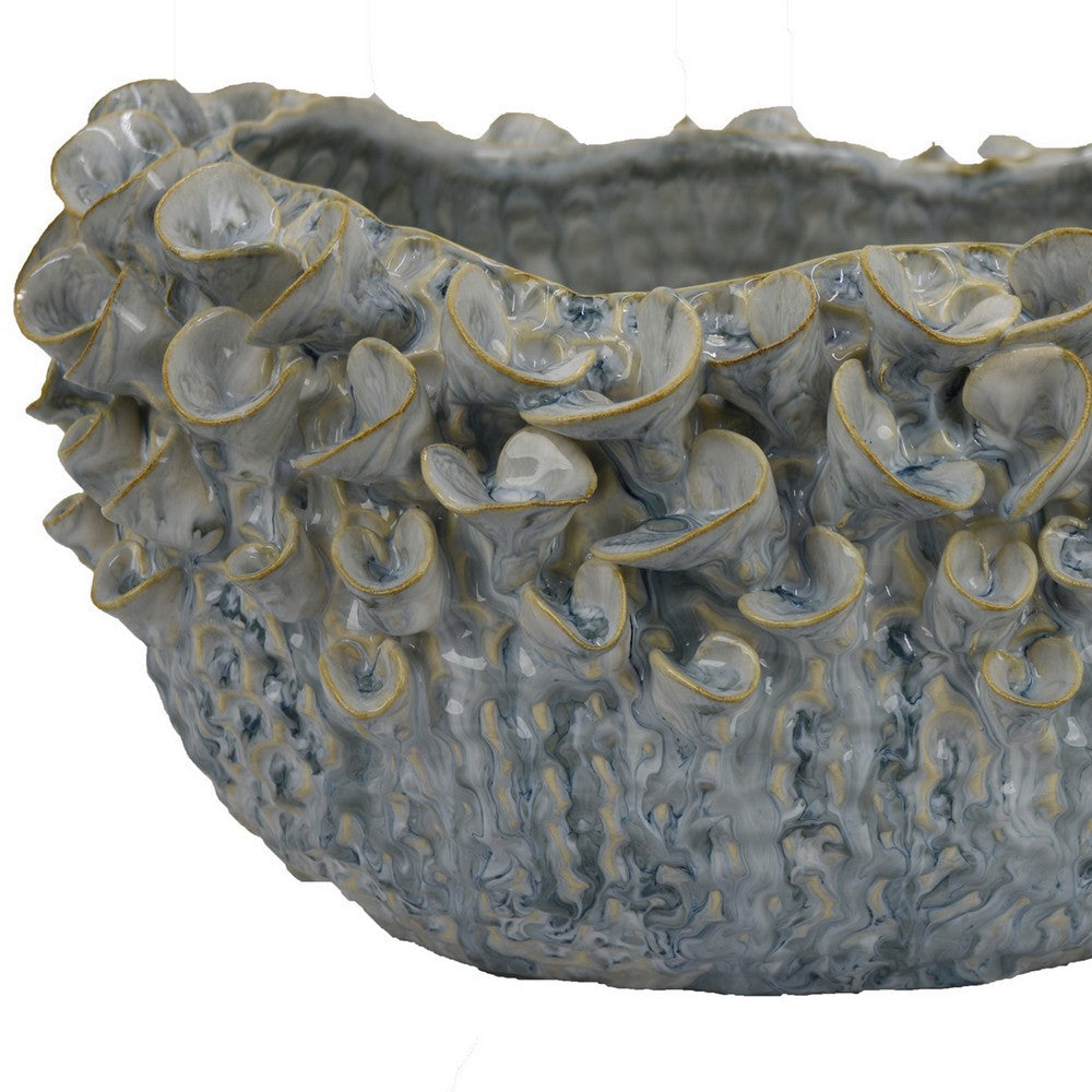 Nina Decorative Bowl, Light Blue, Textured Floral Gray Ceramic 13 Inch
