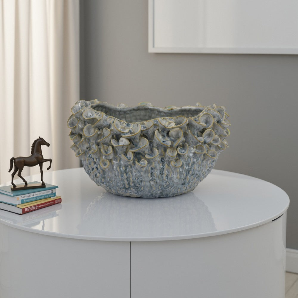 Nina Decorative Bowl, Light Blue, Textured Floral Gray Ceramic 13 Inch