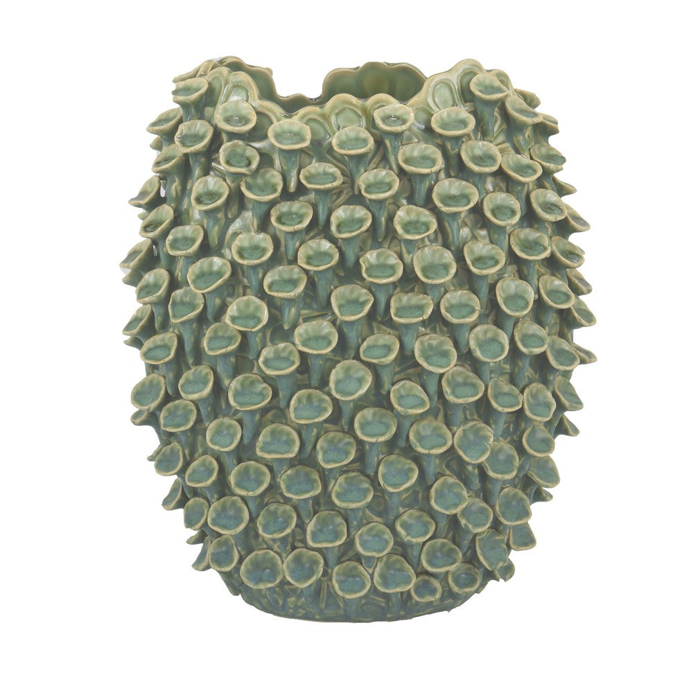 Nina Decorative Vase, Textured Green Ceramic, Abstract Coral, 13 Inch