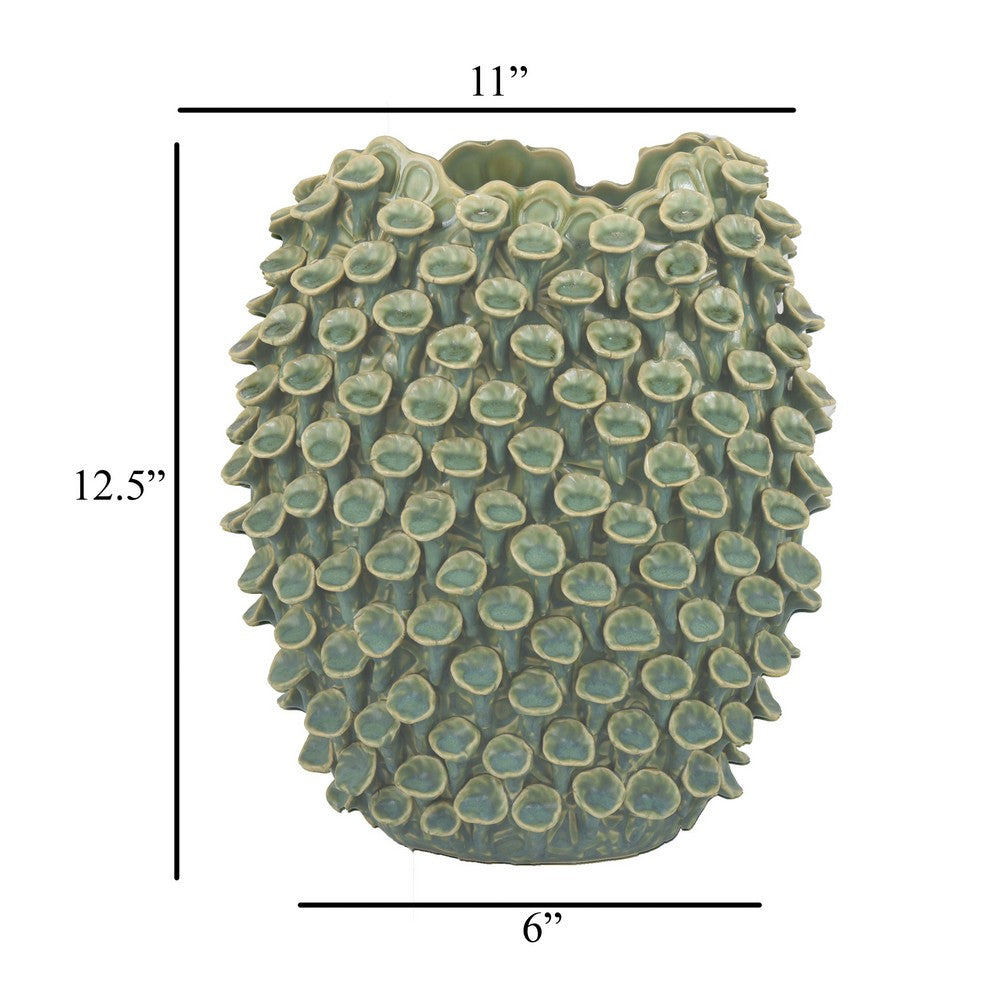 Nina Decorative Vase, Textured Green Ceramic, Abstract Coral, 13 Inch
