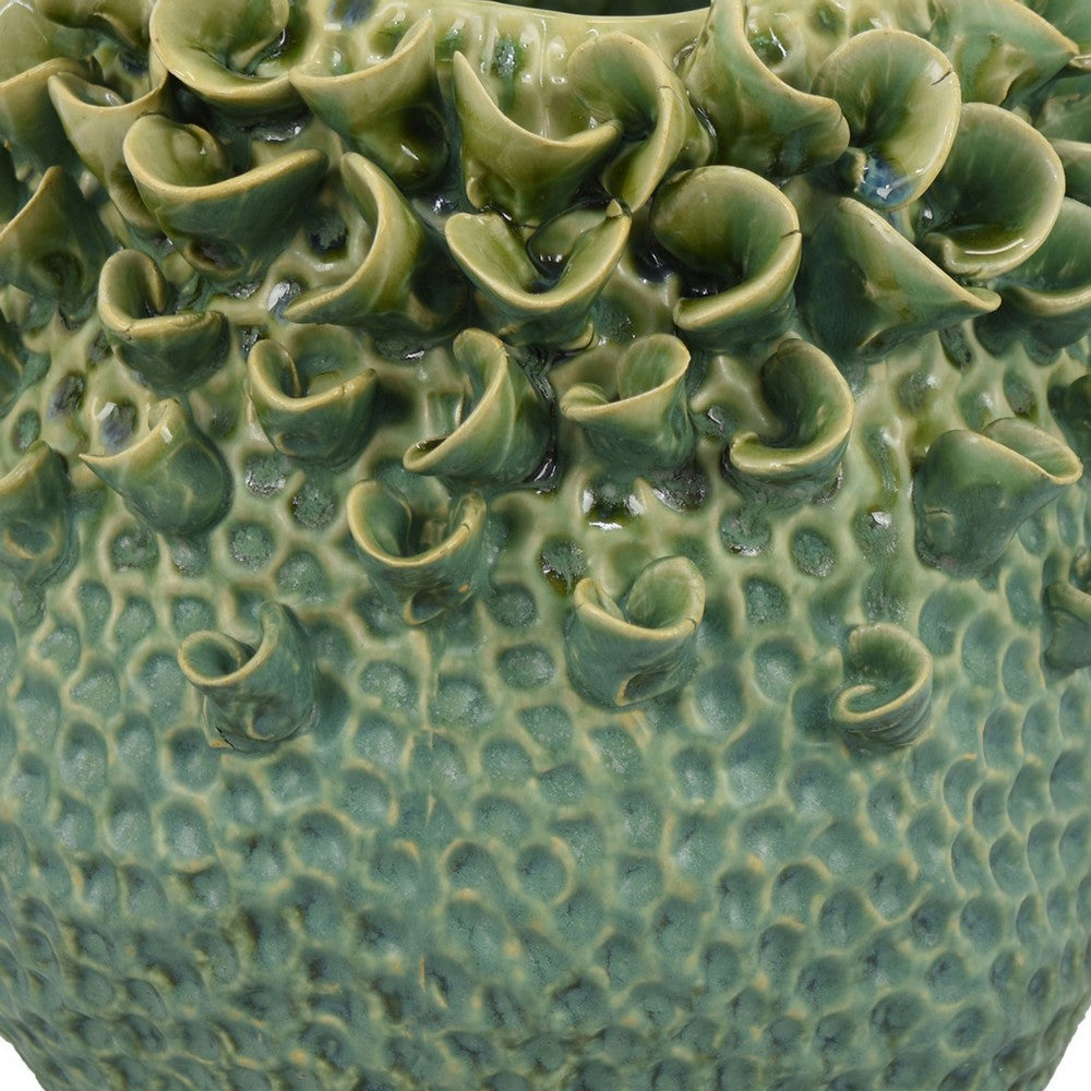 Nina Vase, Green Ceramic, Textured Accents, Abstract Floral 11 Inch