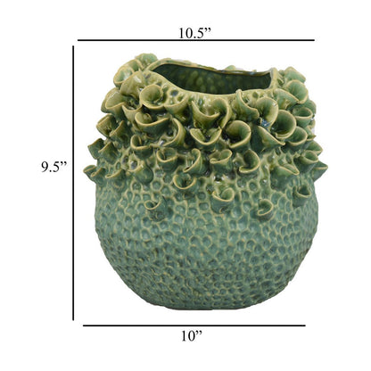 Nina Vase, Green Ceramic, Textured Accents, Abstract Floral 11 Inch