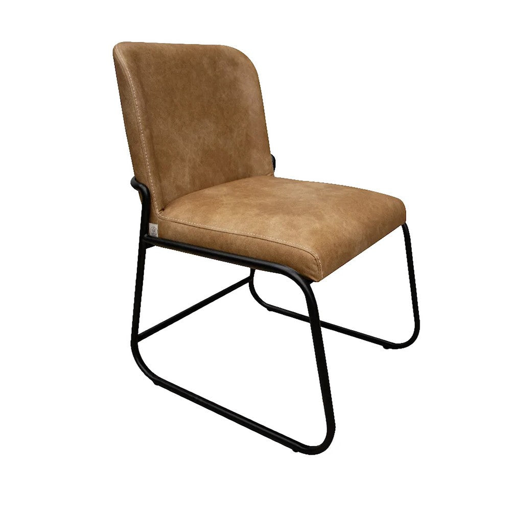 Jenny Dining Side Chair Set of 2, Brown Faux Leather, Black Iron Frame