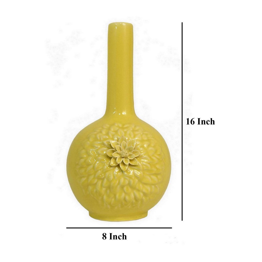 Remi Flower Vase, Narrow Neck, Yellow Ceramic w Floral Motifs, 16 Inch
