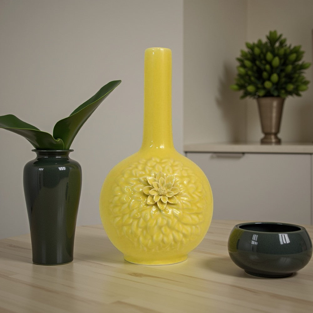 Remi Flower Vase, Narrow Neck, Yellow Ceramic w Floral Motifs, 16 Inch