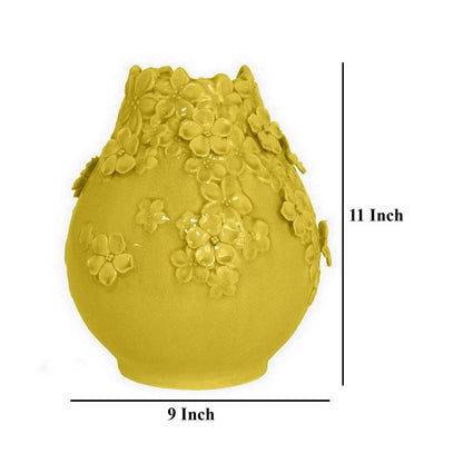 Remi Flower Vase, Decorative Yellow Ceramic w Floral Motifs, 11 Inch