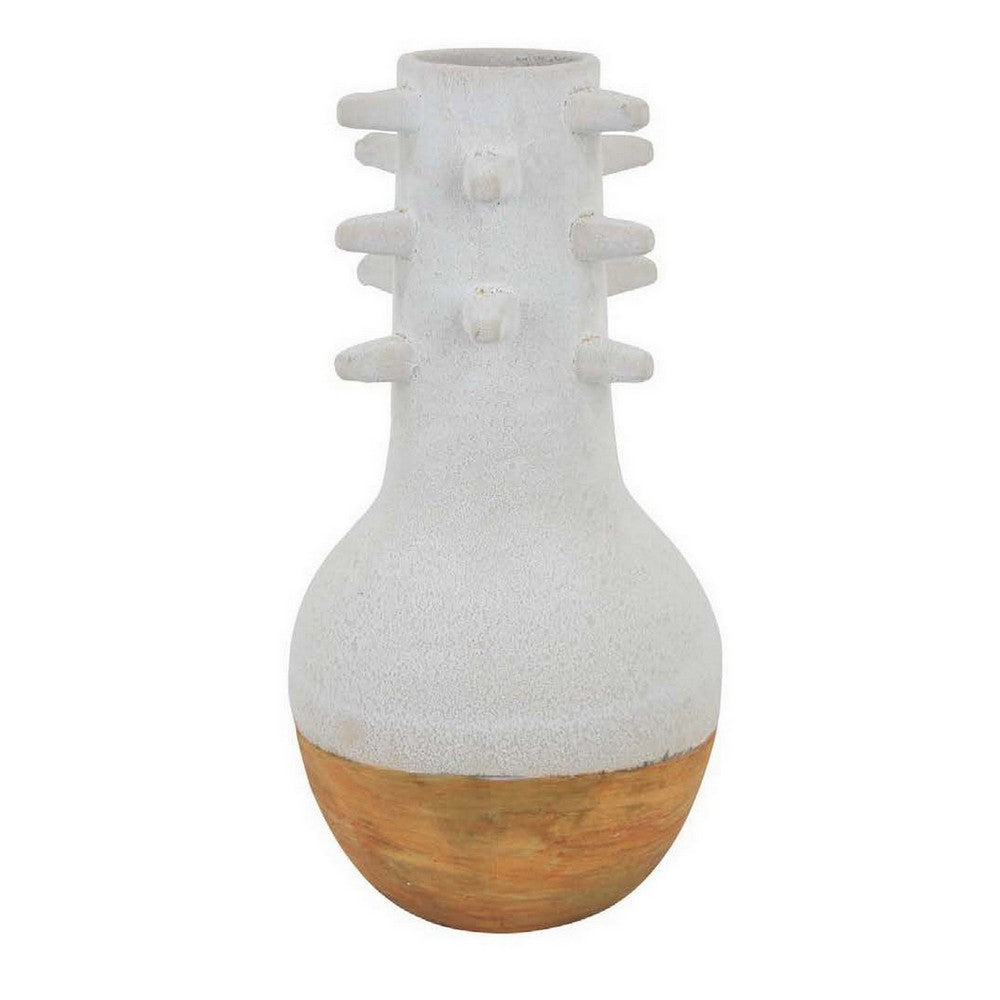 Enya Flower Vase, Spiked Narrow Neck, Brown White Ceramic, 15 Inch