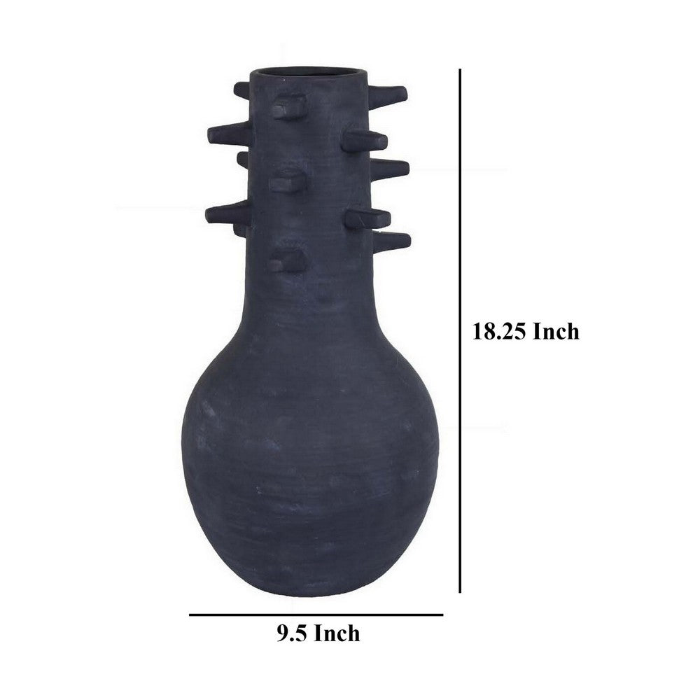 Enya Flower Vase, 3D Spiked Accent Narrow Neck, Black Ceramic, 18 Inch
