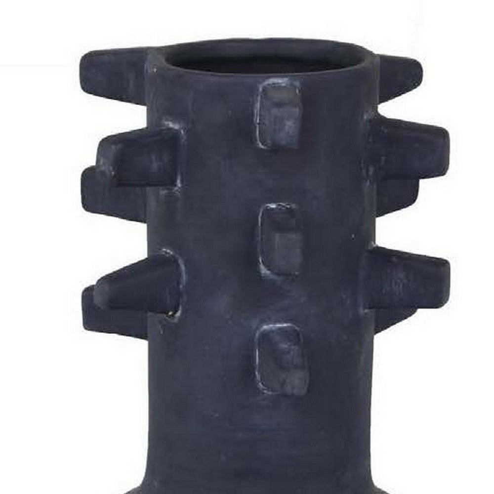 Enya Flower Vase, 3D Spike Accent Narrow Neck, Black Ceramic, 15 Inch