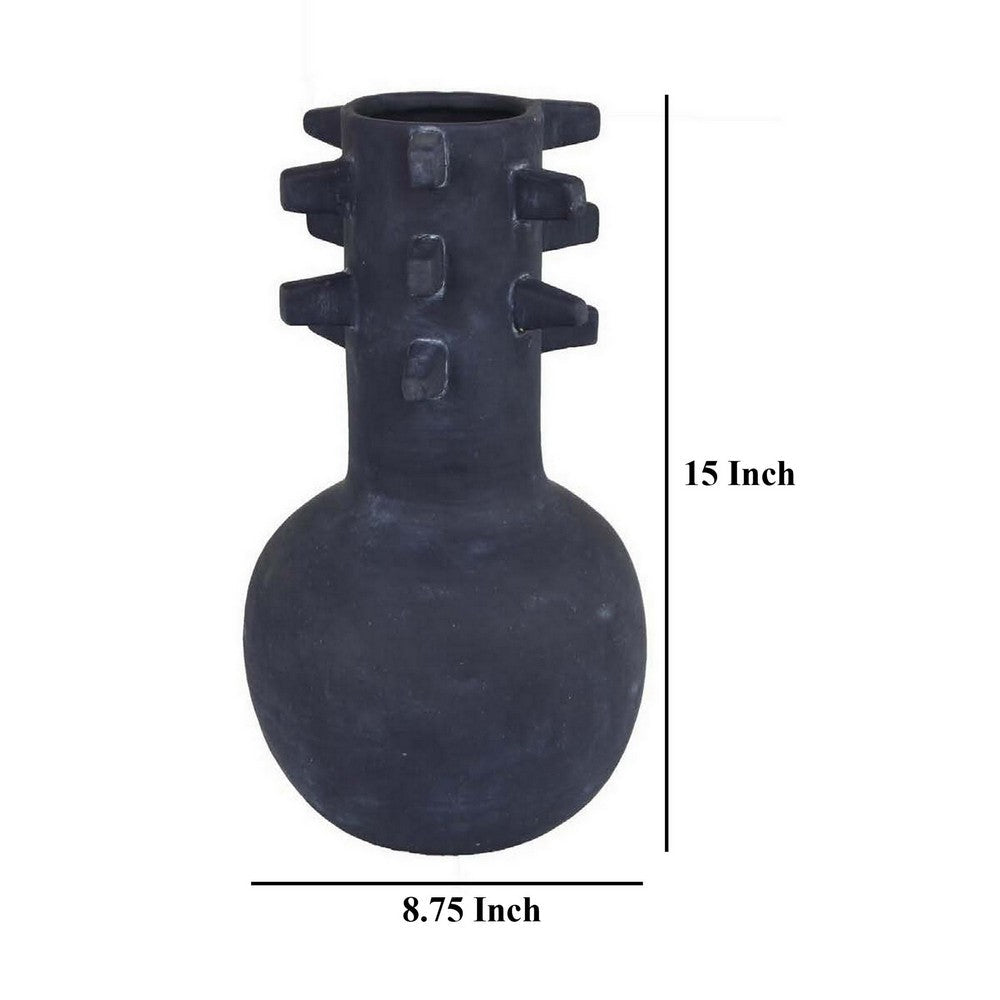 Enya Flower Vase, 3D Spike Accent Narrow Neck, Black Ceramic, 15 Inch