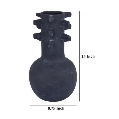 Enya Flower Vase, 3D Spike Accent Narrow Neck, Black Ceramic, 15 Inch
