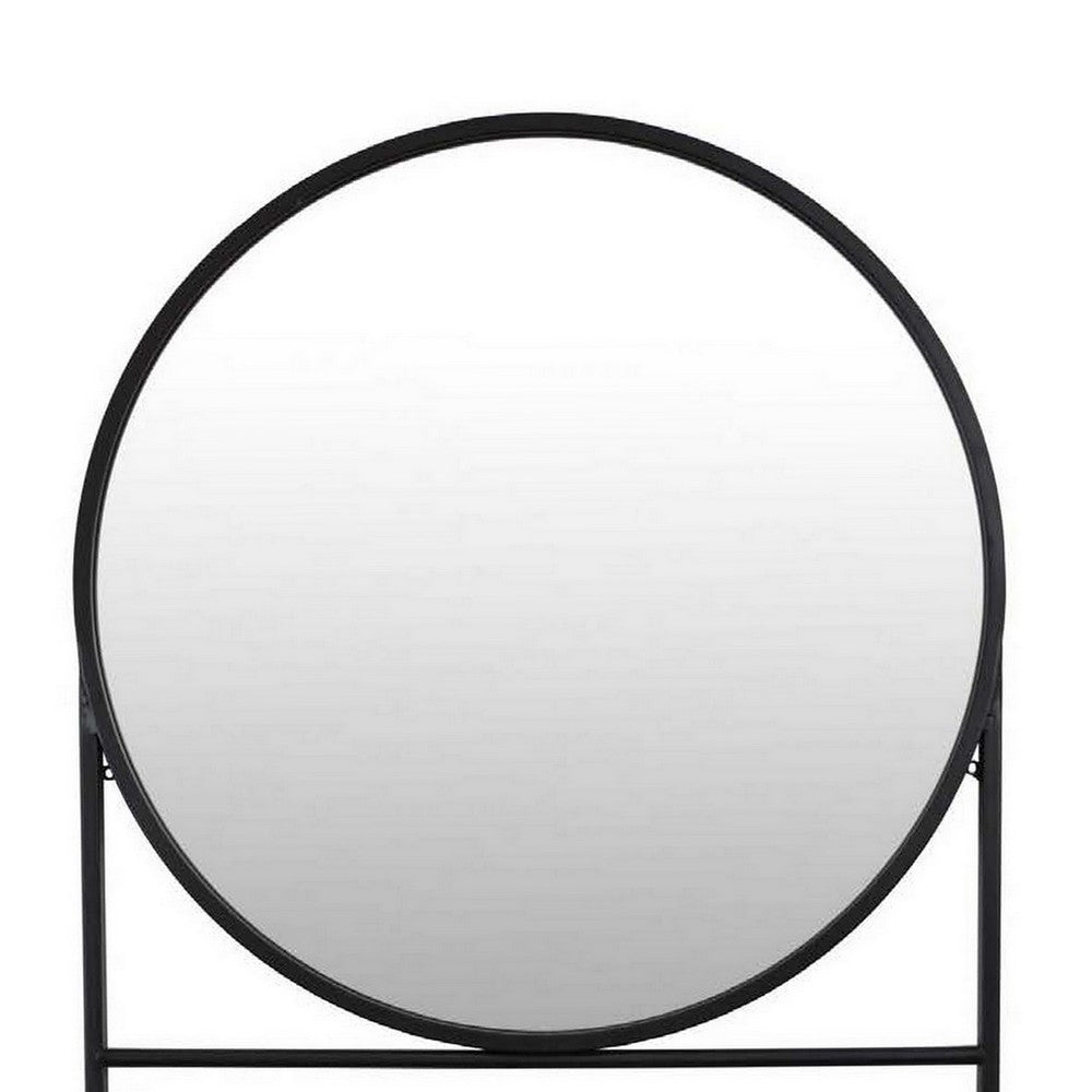 Feno Decorative Wall Mirror, 28 Inch Round Black Metal Frame w Rack