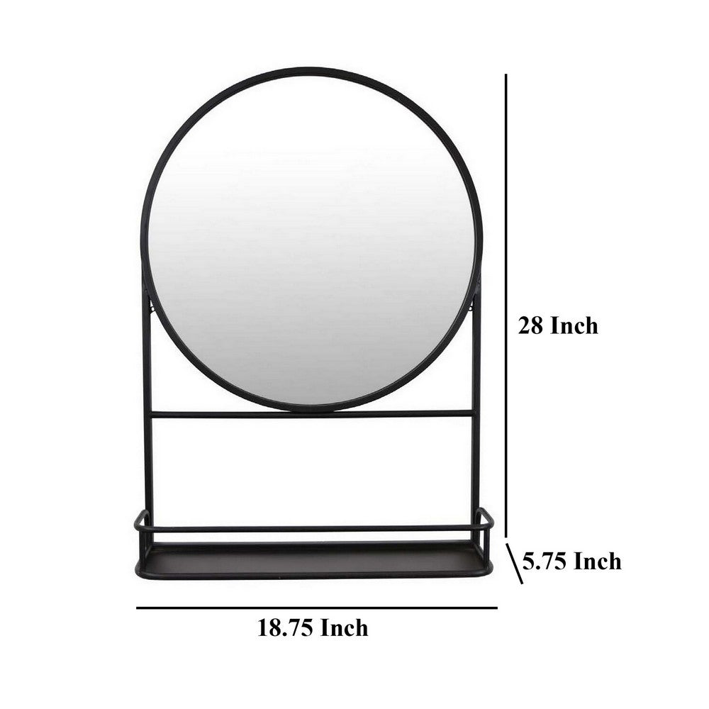 Feno Decorative Wall Mirror, 28 Inch Round Black Metal Frame w Rack